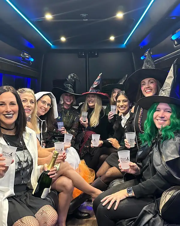 Costumed group of women celebrating inside a TIED party bus