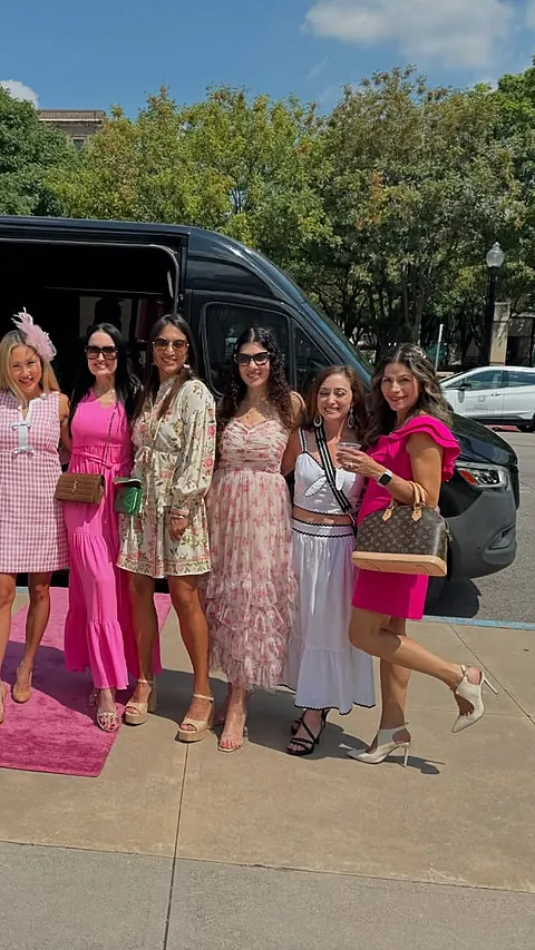 Guests in pink on a pink carpet beside a TIED Sprinter